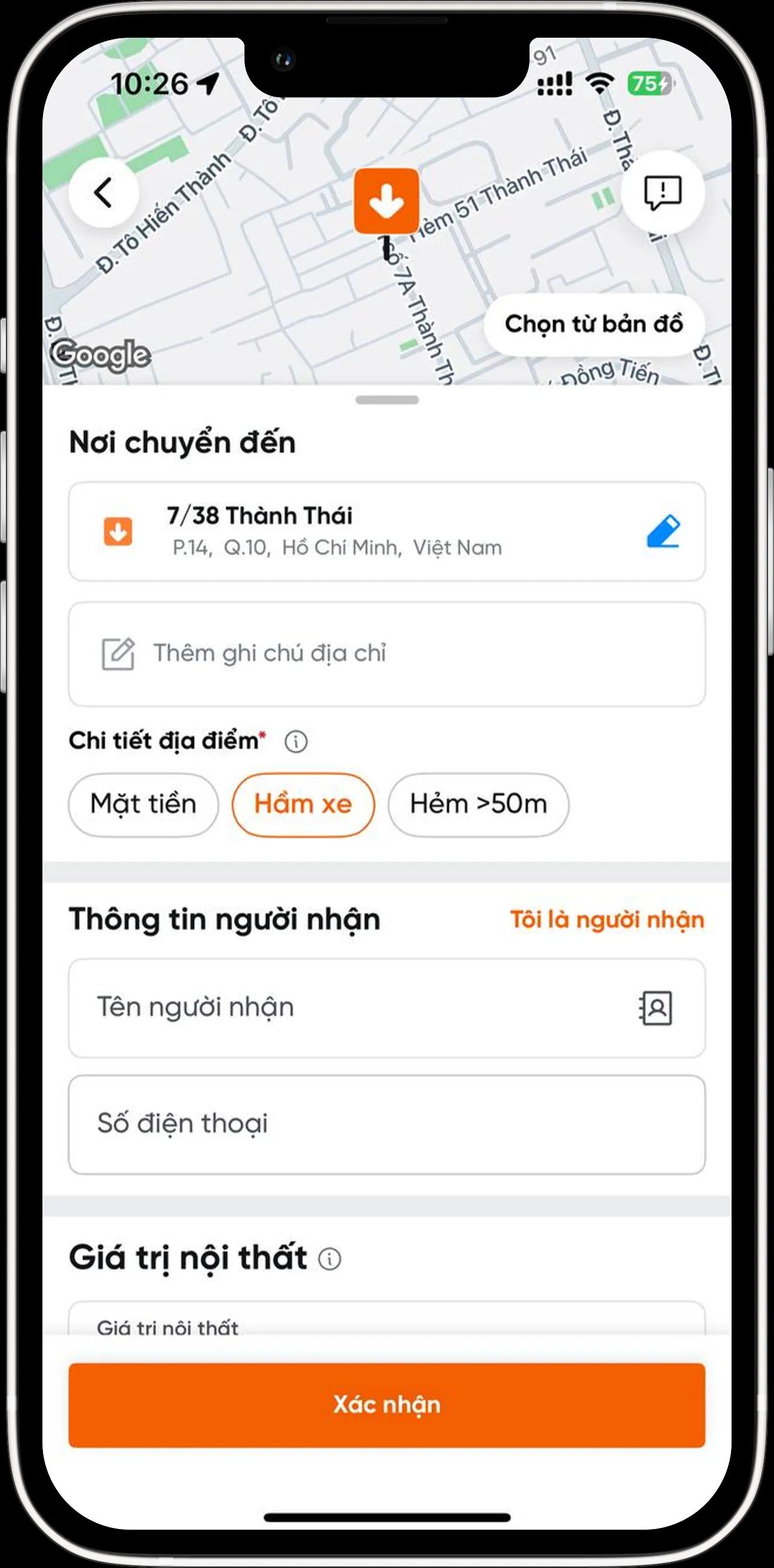 Nhập thông tin "Nơi dọn đi" và "Nơi chuyển đến"