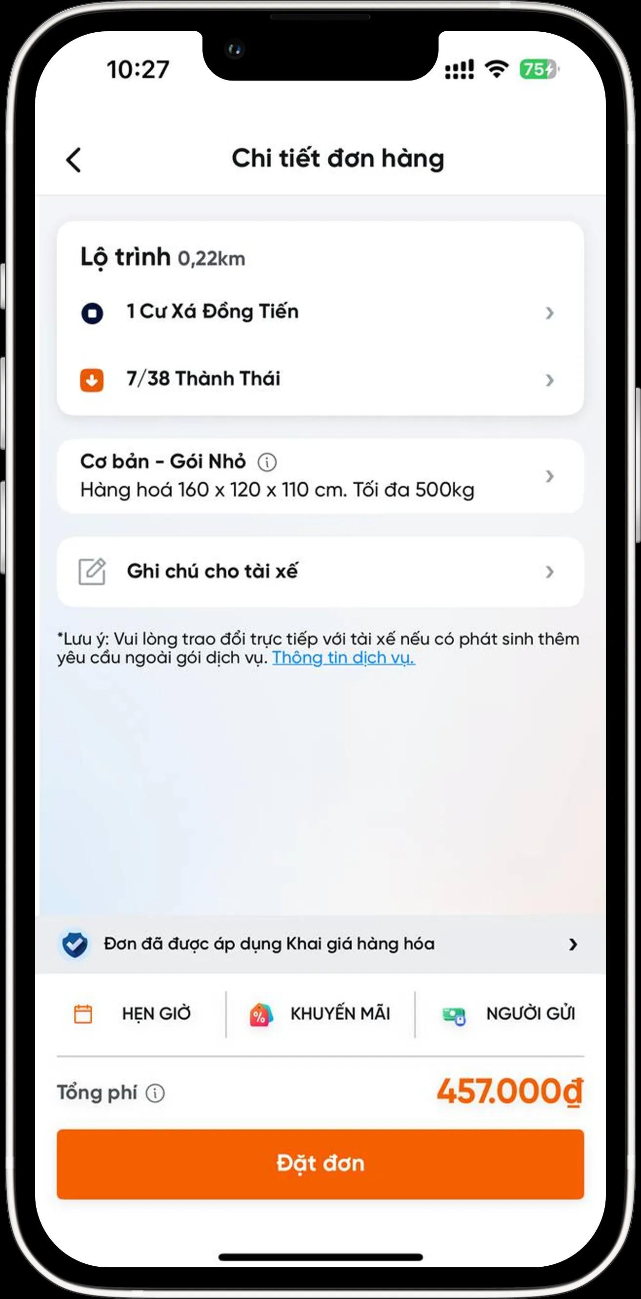 Thêm ghi chú cho tài xế (nếu có), kiểm tra thông tin đơn hàng và bấm "Đặt đơn"